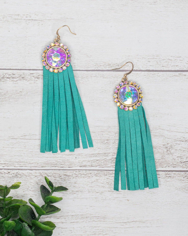 Texas Chica Floral Iridescent Crystal Turquoise Fringe Earrings