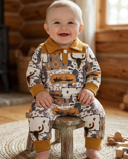 Golden brown western printed romper with patches. LR0425-8-AMY