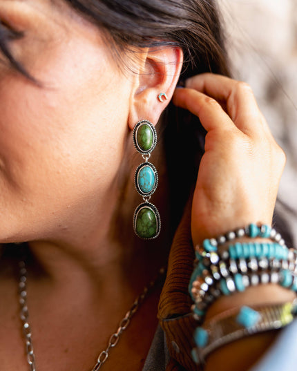 3" Burnished Silver Turquoise and Green 3 Tier Post Earrings