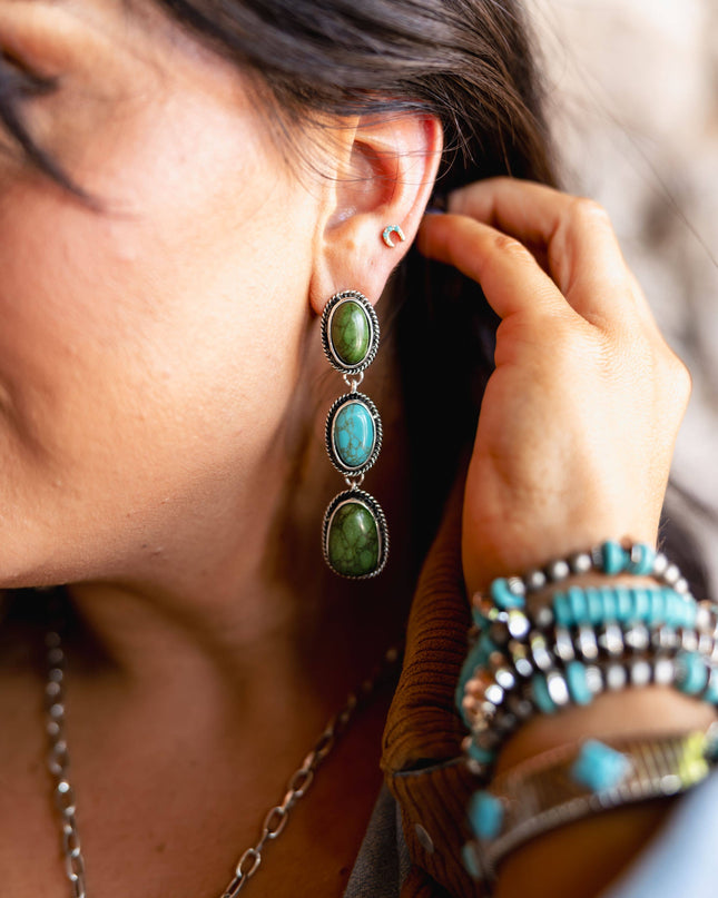 3" Burnished Silver Turquoise and Green 3 Tier Post Earrings