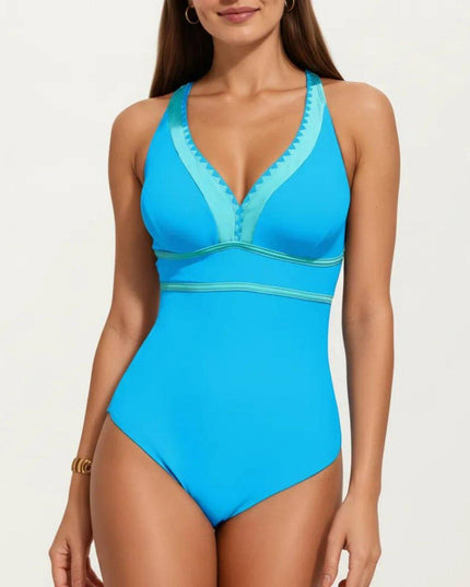 One Piece Swimsuit with Deep V Neck Contrast Trim and Sculpted Waist Design