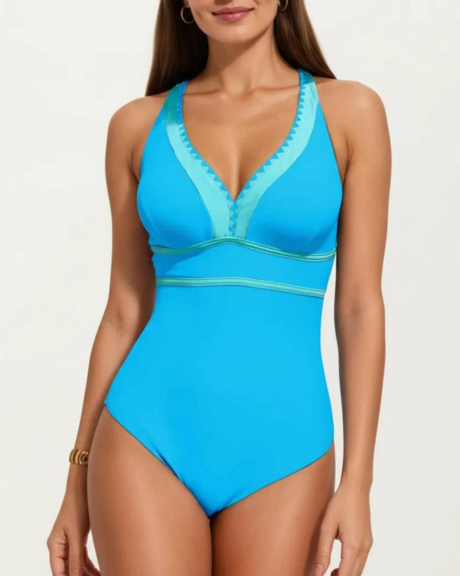 One Piece Swimsuit with Deep V Neck Contrast Trim and Sculpted Waist Design