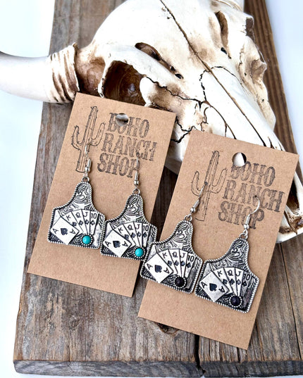 Western Playing Card with Stone Drop Dangle Earrings