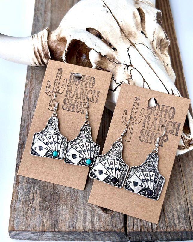 Western Playing Card with Stone Drop Dangle Earrings