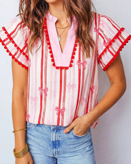 Striped Ric-rac Trim Trim Ruffled Blouse | S-XL