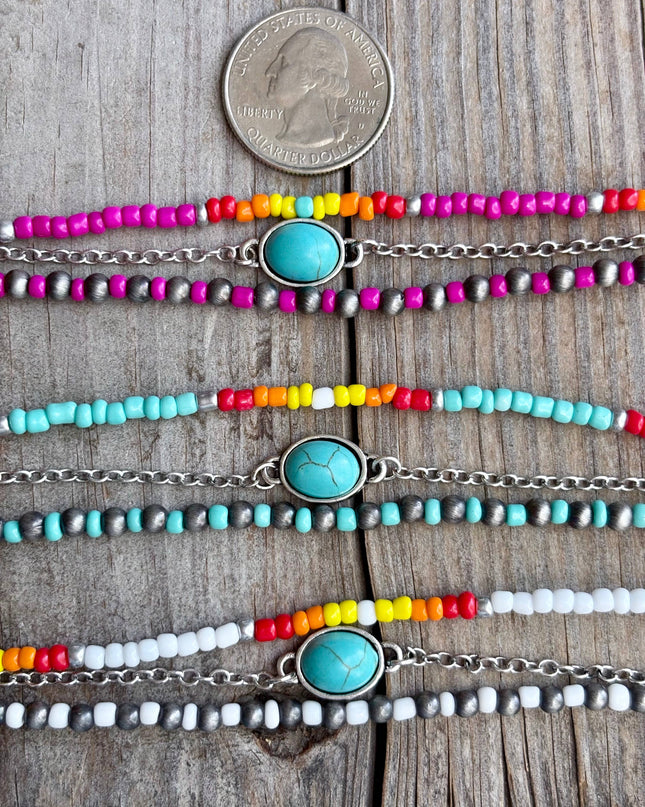 3 Layered Navajo Style Pearl Bead & Stone Concho Bracelet