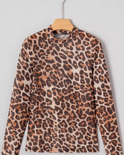 Brown Leopard Mock Neck Long Sleeve Mesh Top