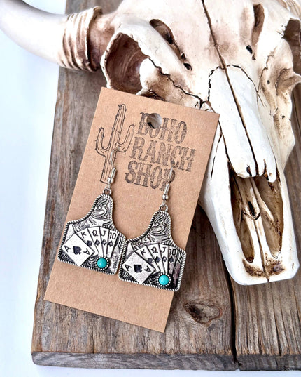 Western Playing Card with Stone Drop Dangle Earrings