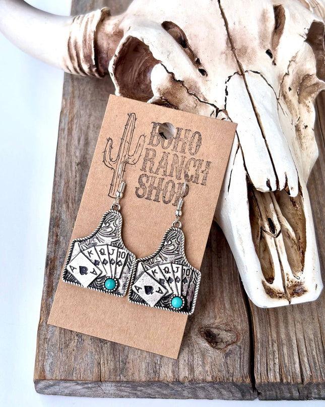 Western Playing Card with Stone Drop Dangle Earrings