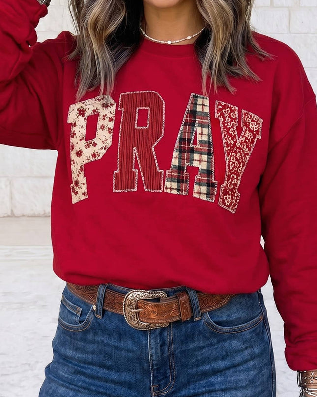 PRAY Letter Embroidered Western Pullover Sweatshirt S-4X