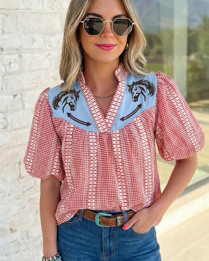 Western Pony Embroidered Gingham Blouse | S-XL