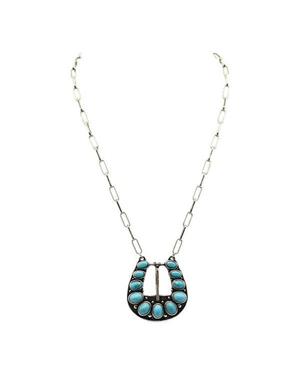 Western Belt Buckle Turquoise Look Necklace