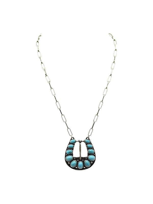 Western Belt Buckle Turquoise Look Necklace