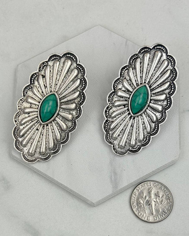 ER220430-03-GREEN                     Silver oval metal with green stone Earrings