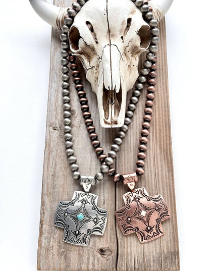 Western Style Navajo Pearl Turquoise Cross Pendant Necklace