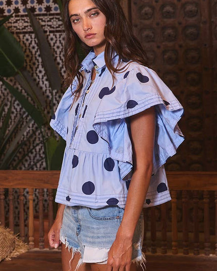 IT2337 Ruffle Sleeves Pintuck Detail Polka Dot Print top
