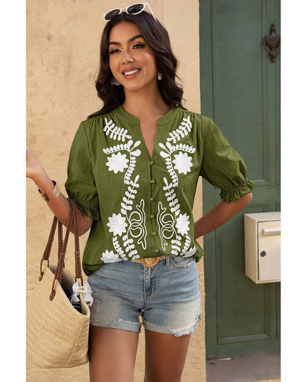 V Neck Boho Puff Short Sleeve Button Down Shirt
