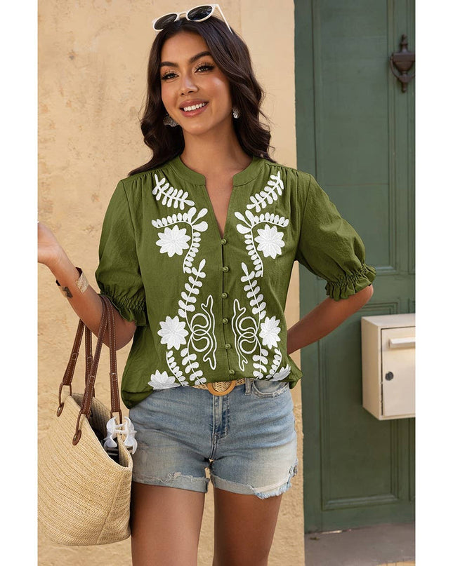 V Neck Boho Puff Short Sleeve Button Down Shirt