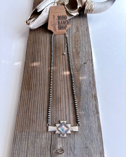 Western Aztec Stone Pendant Navajo Pearl Bead Necklace