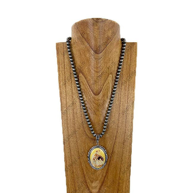 NKY260629-13           22'' silver Navajo pearl beads with western oval pendent Necklace
