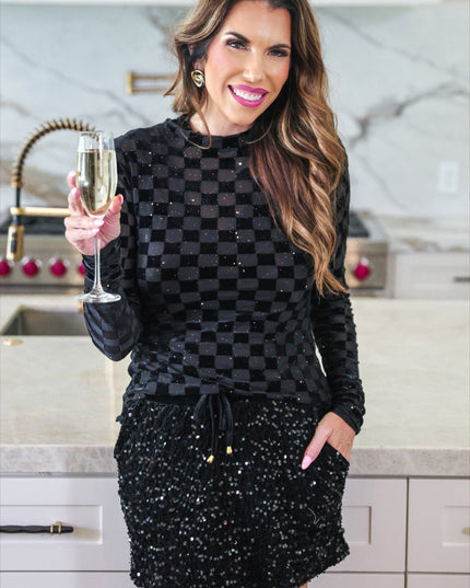 Times Square Velvet Mesh Top- Black Checkered