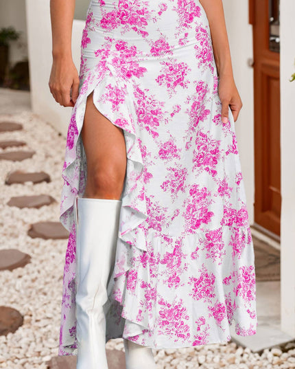LDC Boho Floral High Waist Ruffle Split Maxi Skirt