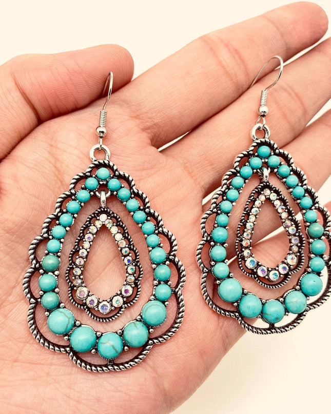Rhinestone Turquoise Double-layer Drop Dangle Earrings - WJ