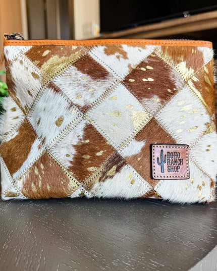 Checkered Western Cowhide Makeup Bag Travel
