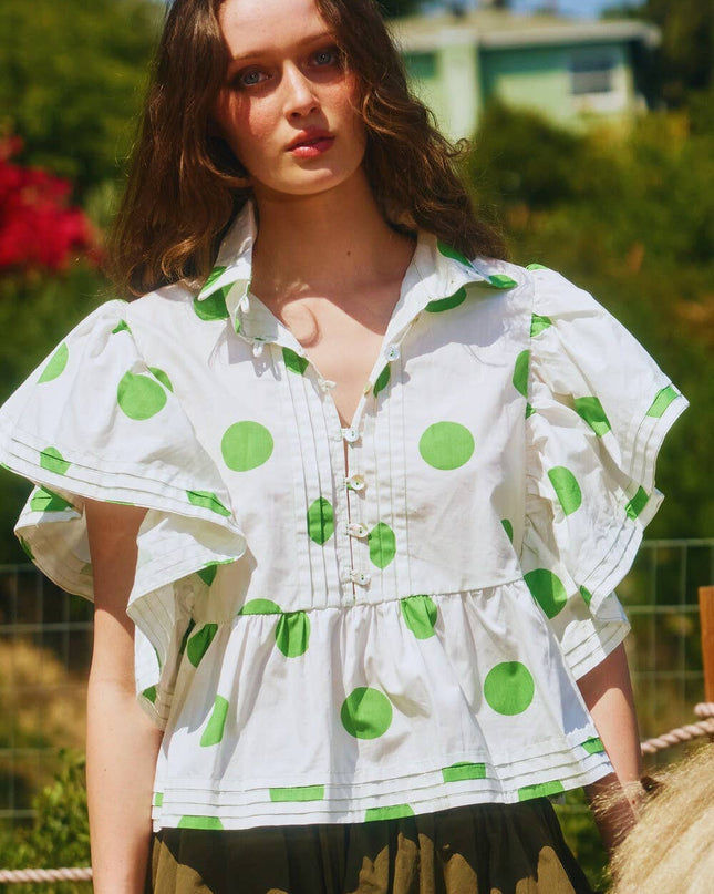 IT2337 Ruffle Sleeves Pintuck Detail Polka Dot Print top