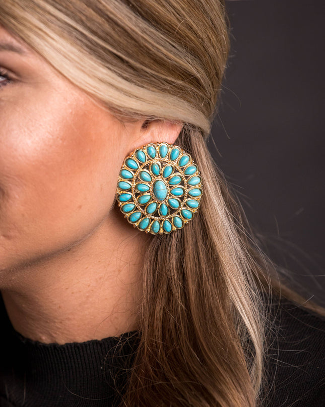(SALE) Large Gold and Turquoise Cluster Post Earring