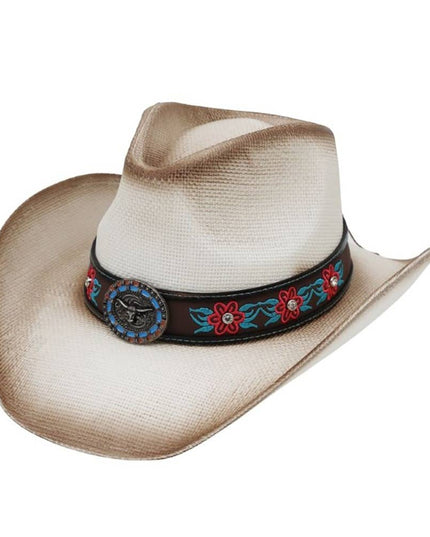 Western Longhorn Floral Strap Straw Cowboy Hat