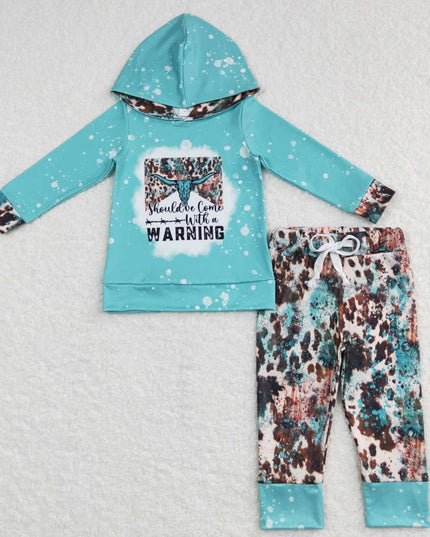 Baby Boys Western Blue Long Sleeve Hooded Tops Cow Pants