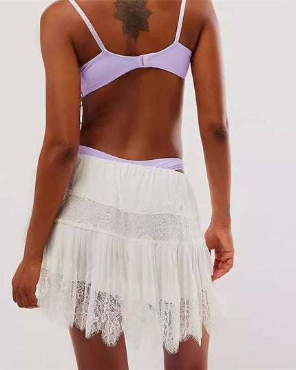 High Waist Lace Mini Skirt With Irregular Hem In Solid Color