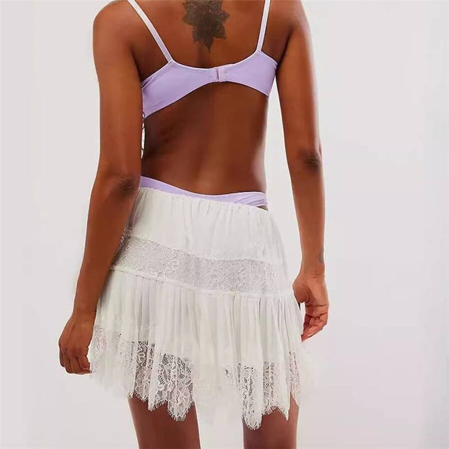 High Waist Lace Mini Skirt With Irregular Hem In Solid Color