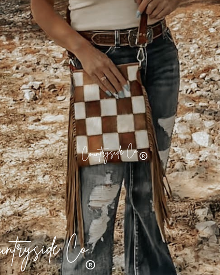 Stockdale Checkered Cowhide Fringe Purse, Brown & White