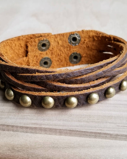 Multi-Strand Leather Cuff with Antique Gold Studs 007s