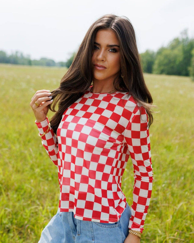 Red Checkerboard Mesh Top