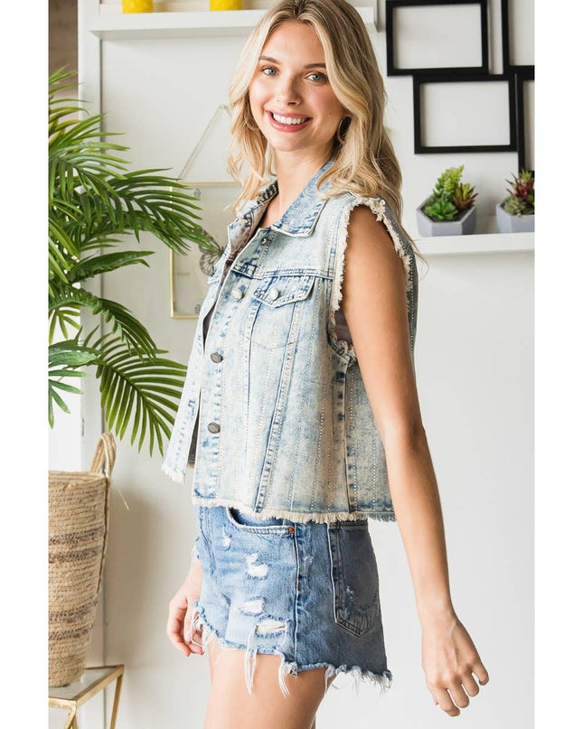 Rhinestone Color Denim Vest